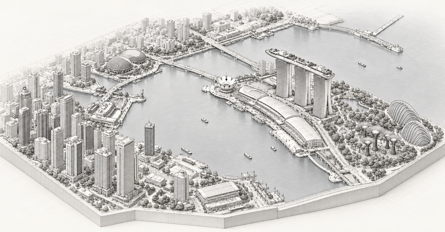 滨海湾建筑线描沙盘，展示金沙、滨海湾花园和对岸城市
